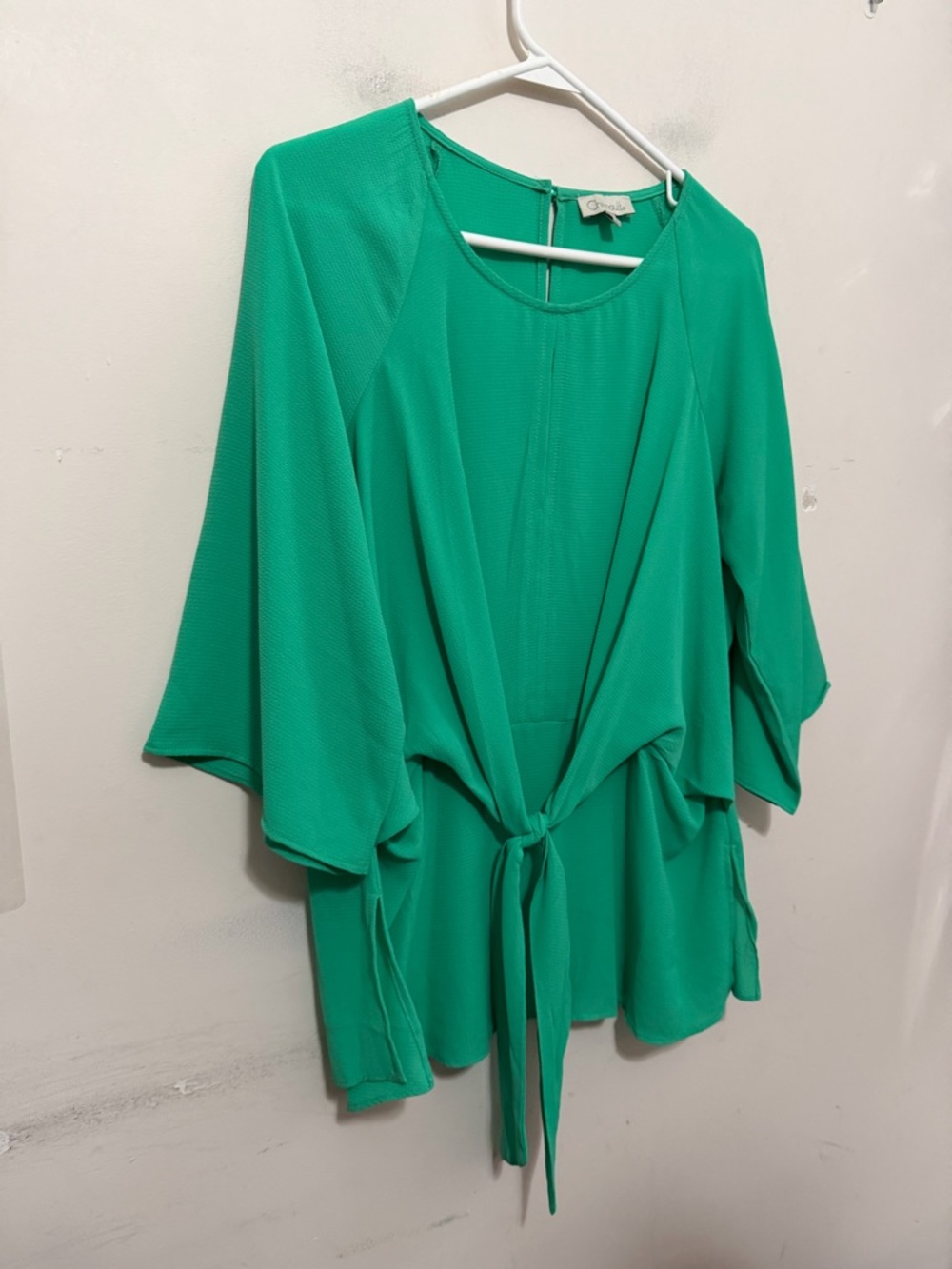 Chenault Green Tie Front Blouse Women’s Large Flowy 3/4 Sleeve Lightweight Top - Picture 4 of 13
